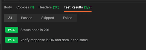 Postman API test results