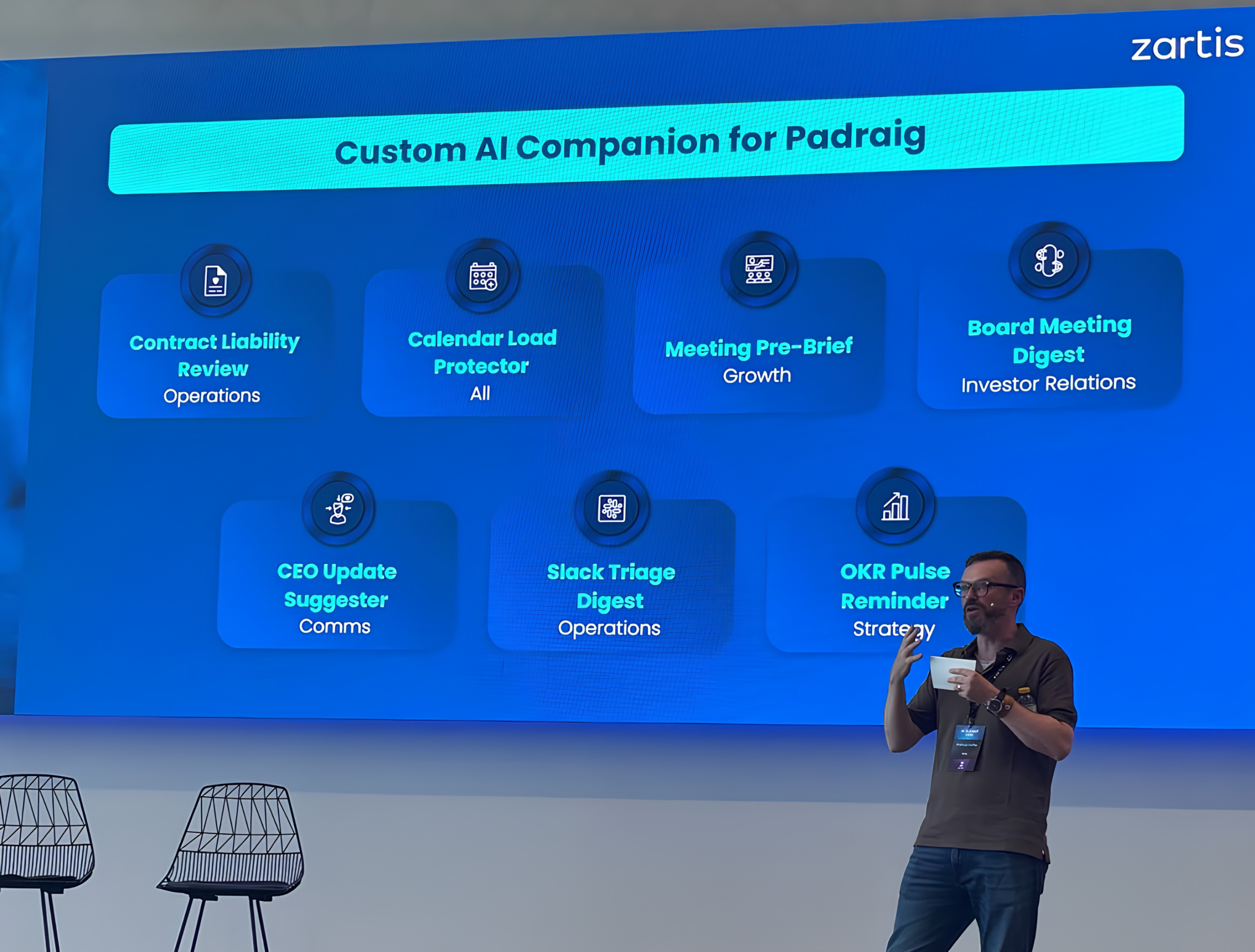 Zartis presentation slide showing a custom AI companion built for Padraig, featuring seven skills across operations, growth, investor relations, comms, and strategy